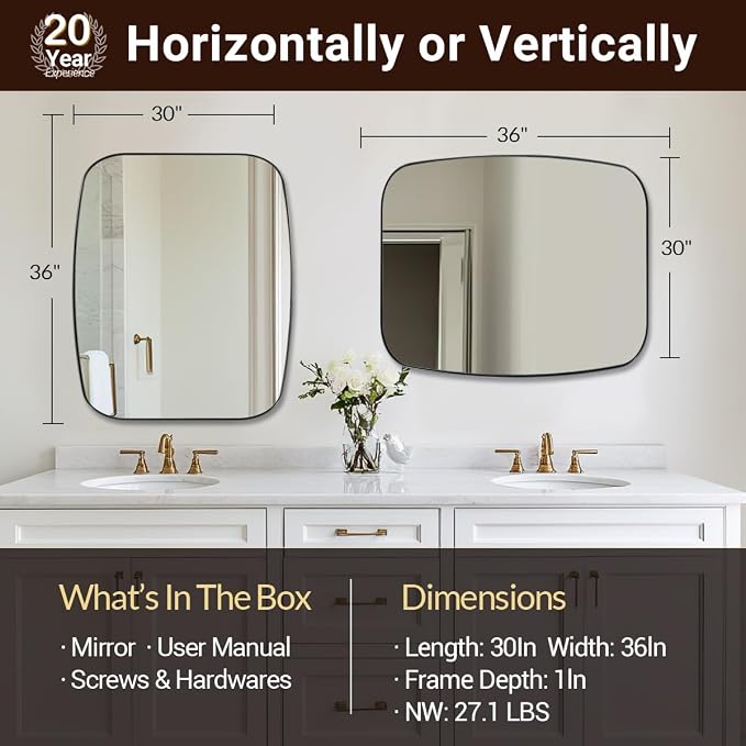 ANDY STAR 30x36” Black Bathroom Mirror, Oblong Vanity Mirror with Stainless Steel Metal Frame, Matte Black Oval Mirror for Over Sink, Modern Anti Rust Wall Mounted