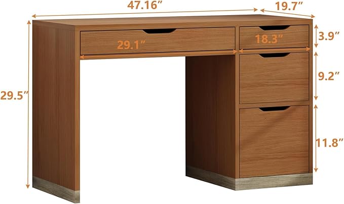 48 Inch Small Office Desk with 4 Drawers for Bedroom, Computer Desk with Storage, Study Desk with Filing Cabinet for Kids, Brown
