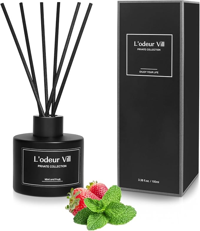 L'odeur Vill Reed Diffuser, 3.4oz(100ml) Mint and Fruit Reed Diffuser Set with 6Oil Diffuser Stricks, Matte Black Aroma Scent Diffuser, Long Lasting Home Fragrance for Bathroom Shelf Decor