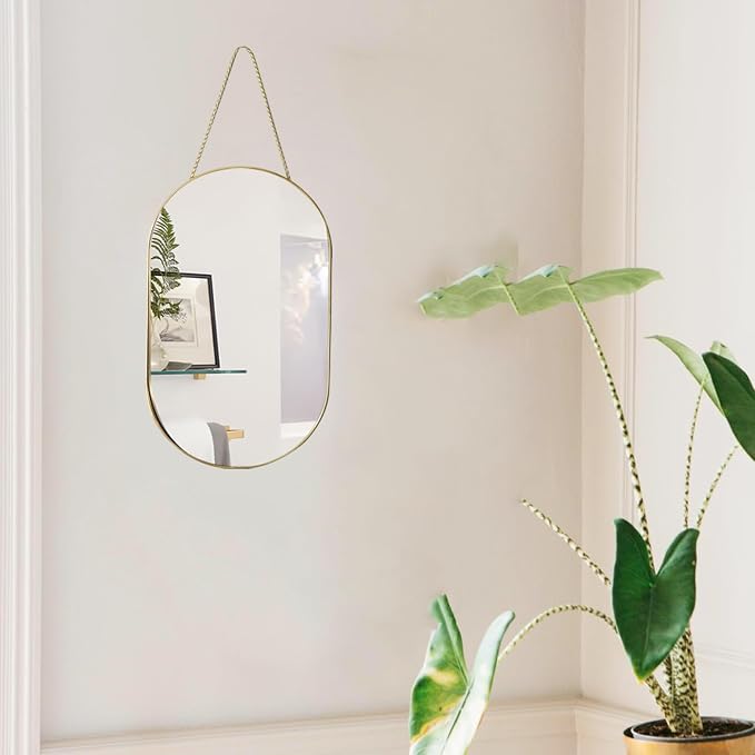 Oval Wall Mirror with Lanyard, High Definition Bathroom Mirror for Bathroom, Hallway, Living Room (Gold, 11.61x18.9inch)