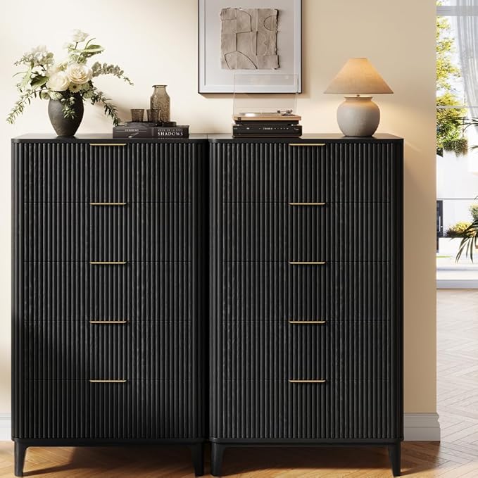 Fluted Dresser for Bedroom with 5 Drawers Set of 2, 45" Large Closet Clothes Wood Tall Dresser Storage Organizer, Mid Century Modern Chest of Drawers with Deep Storage Black