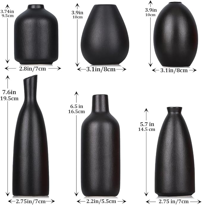 6 Pack Small Black Ceramic Bud Vases for Home Decor - Modern Boho Small Vases for Centerpieces in Bulk, Mini Flower Vases for Dry Flowers, Wedding, Table, and Party Decorations