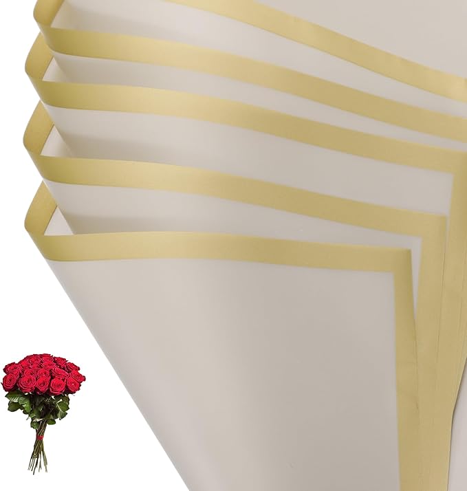 PATIKIL Flower Gift Wrapping Paper, 20 Sheets Gold Edge Waterproof Bouquet Paper Wrap Florist Supplies Packaging Floral Papers for Wedding DIY Craft Valentine Mother's Day, Khaki