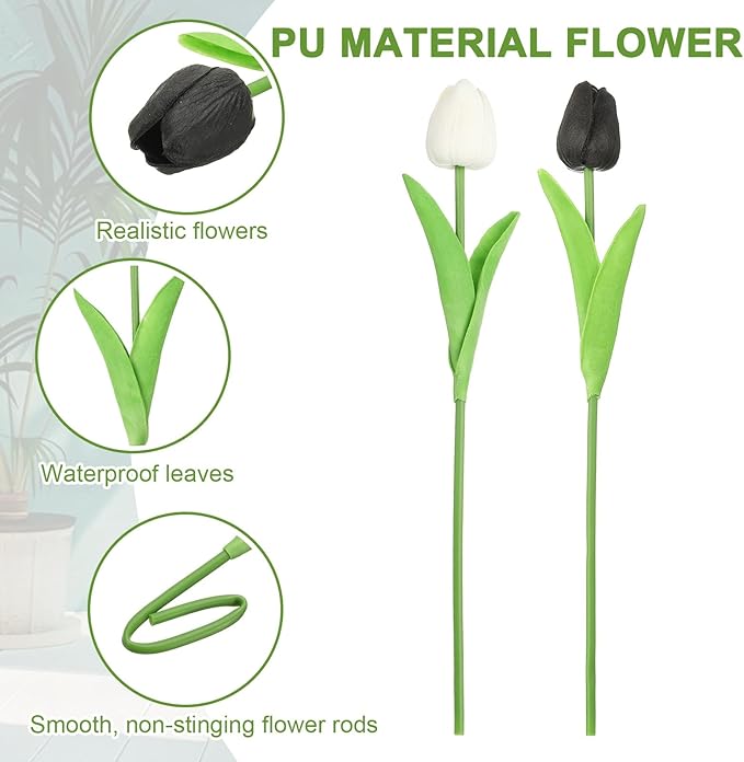 uxcell 20pcs Tulips Artificial Flowers, Faux Flowers Silk Fake Tulip Stems Real Touch for Wedding Bouquet Centerpiece Table Party Decoration(Black, Pure White)