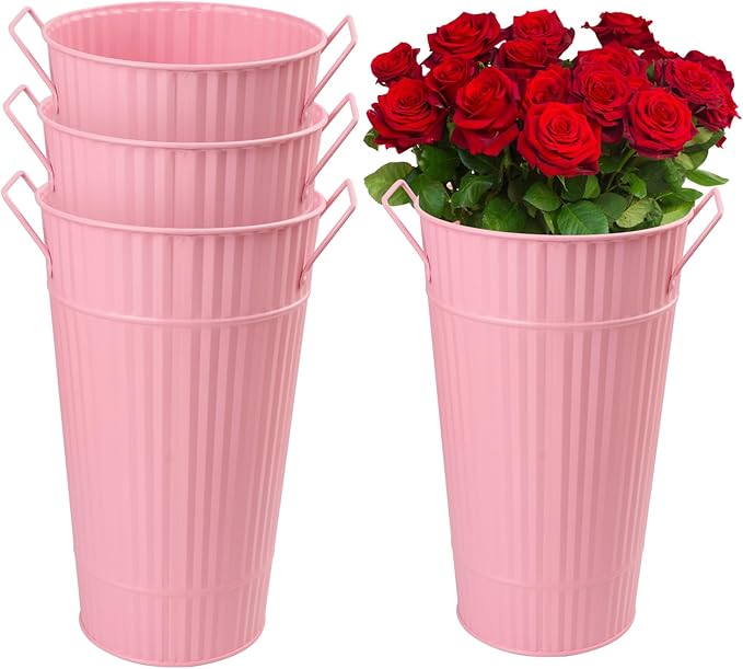 4 PCS 12 Inch Pink Galvanized Flower Buckets, Metal Flower Vase, Rustic Tall Flower Bucket with Handles for Wedding, Home Décor