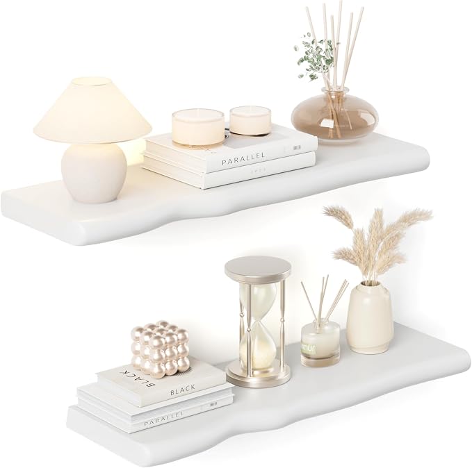 Solid Wood Live Edge Floating Shelves Set of 2 – 24" Rustic Wall Shelf with Hidden Bracket System, Wall Mounted Shelves for Bathroom, Kitchen, Living Room, Bedroom (White)