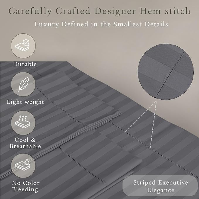 Threadmill 500 Thread Count Queen Size Damask Stripe, 4 Pc Luxury Cotton Sheet Set, Silky Smooth Dark Grey Sheets with 16" Elasticized Deep Pocket, 2 Pillowcases & Free Tote Bag