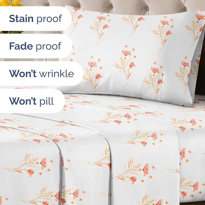 Floral Sheets - Pink Floral Butterfly Bed Sheet Set - 1 Flat & 1 Fitted & 1 Pillowcase w/ Deep Pockets - Wrinkle & Fade Free - Boho Botanical Bedding - Ultra-Soft, Breathable & Cooling - Twin Size New