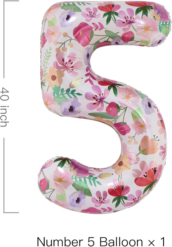 Flower Balloons 40 Inch Floral Number 5 Balloon for 5th Birthday Garden Party Decorations Five Year Old Photo Props Foil Number 5