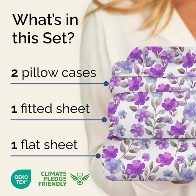 Floral Sheets - Purple Floral Bed Sheet Set - 1 Flat, 1 Fitted & 2 Pillowcases w/ Deep Pockets - Comfy, Wrinkle & Fade Free Boho Botanical Bedding - Ultra-Soft, Breathable & Cooling - Queen Size New