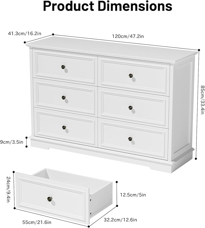 White Dressers for Bedroom, Modern 6 Drawer Dresser with Deep Drawers, Wooden Chest of Drawer and Bedroom Closet Dressers for Living Room, Entryway, Hallway