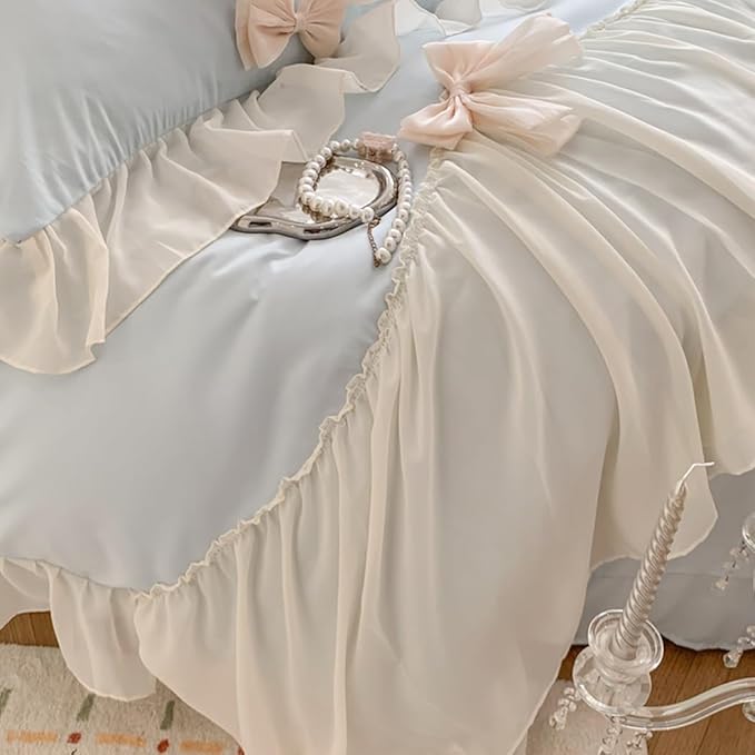 Chic Lace Bedding,Girls Twin Aesthetic Comforter Cover Set,Romantic French Princess Style Ruffled Duvet Cover with Lovely Bow with Zipper Closure-Blue,Twin