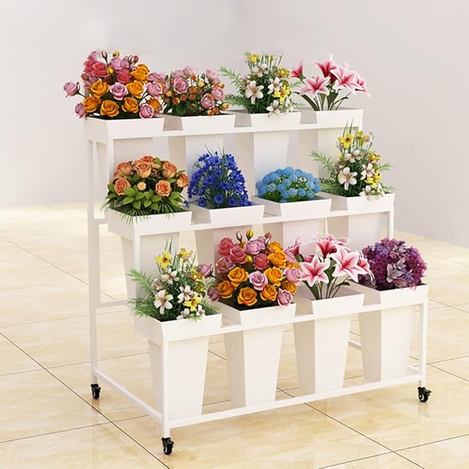 Flower Display Stand with 12pcs Bucket,Heavy Duty Plant Stand with Wheels,33in Tall Flower Cart 3 Tier Flower Shelf for Florist Garden Patio (White)