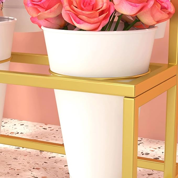 Flower Display Stand with 12pcs Bucket,Heavy Duty Plant Stand with Wheels,33in Tall Flower Cart 3 Tier Flower Shelf for Florist Garden Patio (Gold+White Pot)
