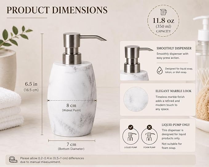 Clasin Home Resin Hand Soap Dispenser, Refillable Soap Dispenser with White Marble Look and Metallic Pump, Waterproof Bottle Labels for Bathroom Kitchen Dish Hand Wash Shower Lotion Shampoo (12 Oz)