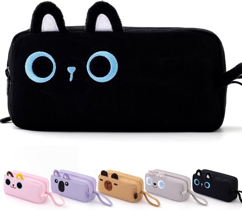 CICIMELON Large Capacity Cartoon Pencil Case - Embroidered Animal Design for Kids & Teens | Black Cat