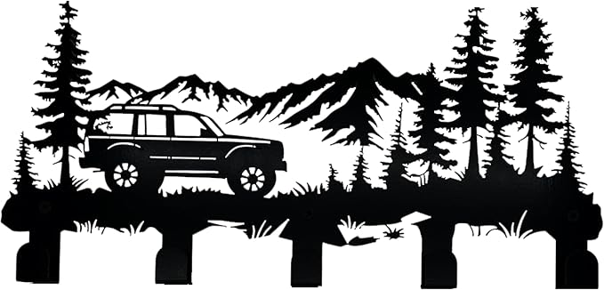 Metal Car Coat Hooks and Key Holder, Mountain Design Wall Art Decor with 5 Hooks, Clothes Hat Rack, and Backpack Hanger, Storage Decor for Living Room, Hallway, Office, Kitchen, Entryway, and Bedroom
