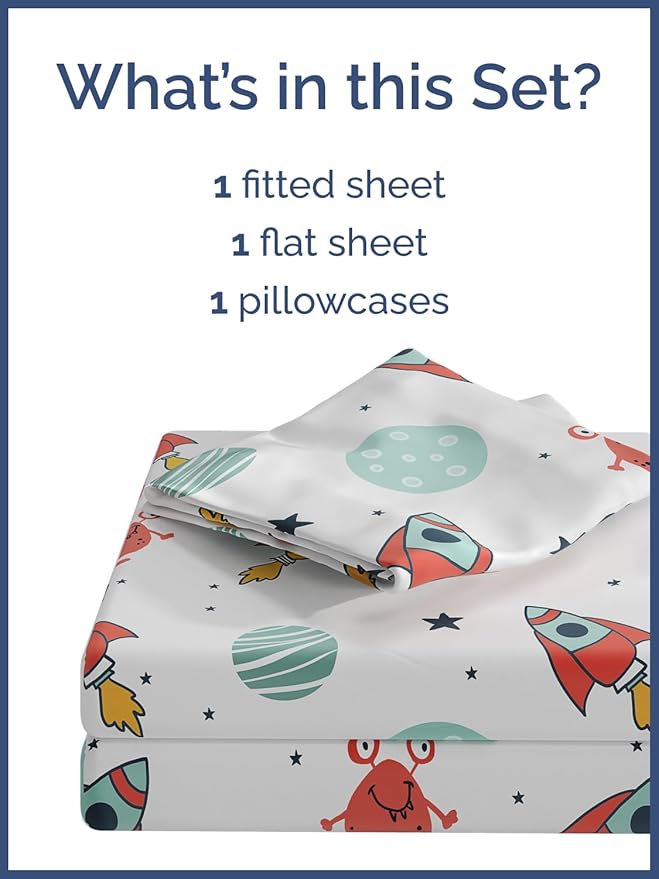 Kids Space Twin 3 Piece Sheet Set - Boys, Girls, Teens, Toddler - Easy Fit, Deep Pockets - Breathable, Hotel Quality Bedding Sheets - Machine Washable - Wrinkle Free - Cute, Cozy & Soft - CGK Linens