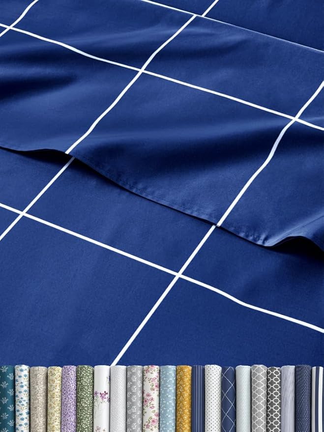 CGK Unlimited Blue Grid Bed Sheet Set – 1 Flat & 1 Fitted Sheet & 2 Pillowcases w/Deep Pockets – Wrinkle & Fade Resistant - Soft, Breathable & Cooling – Checkered Grid Bed Set, Seasons - King Size