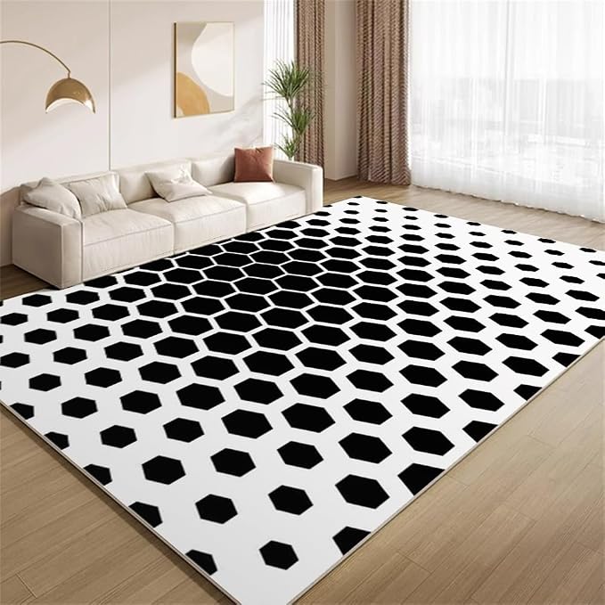 Modern Geometric Area Rugs, Black White Honeycomb Carpet, Washable Non Slip Low Pile Soft Rug for Living Room Bedroom Decor Mat 6x8ft