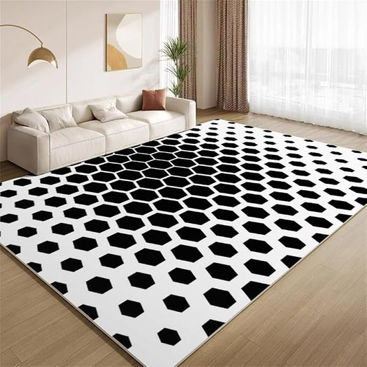 Modern Geometric Area Rugs, Black White Honeycomb Carpet, Washable Non Slip Low Pile Soft Rug for Living Room Bedroom Decor Mat 5x8ft