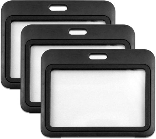 3-Pack Horizontal Hard Plastic ID Badge Holders - Double-Sided Black Card Cases for Office & School Use