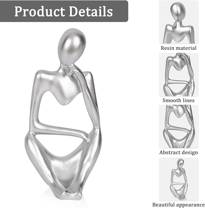 Sandstone Resin Thinker Style Abstract Sculpture Statue Collectible Figurines Home Office Bookshelf Desktop Decor (Small Silver, Right)