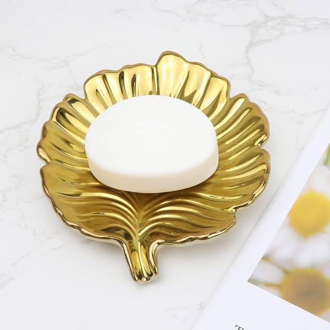 Gold Leaf Bathroom Soap Dish,Ceramic Soap Dish Holder in Palm Leaf Style,Self Draining Design and Used to Hold Various Small Bathroom and Kitchen Accessories