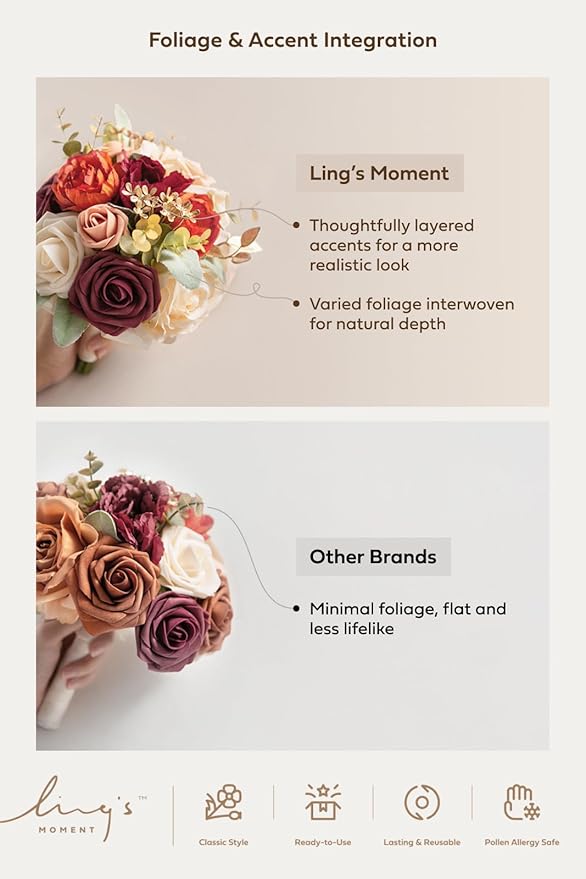 Ling's moment Artificial Flowers Red Bridesmaid Bouquet, Marsala & Blush Wedding Flowers Bouquets for Bridesmaids, 7 Inch Bridal Bouquets for Bridesmaids, Wedding Decor, Ceremony, etc