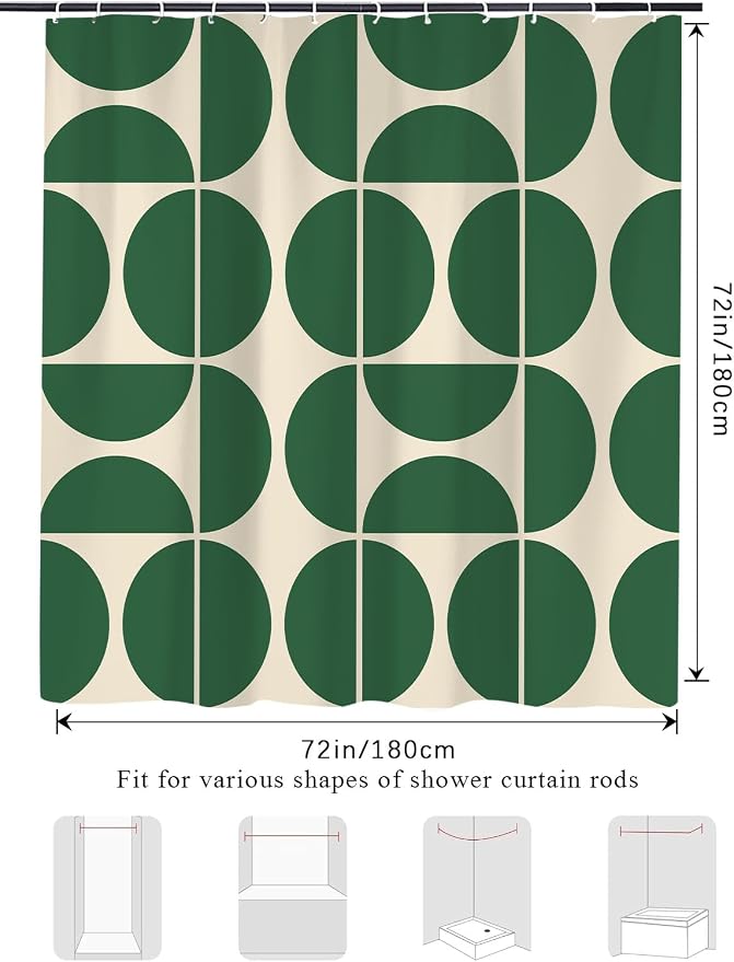 Green Mid Century Modern Shower Curtain, Boho Abstract Geometric Retro Art Bath Curtains for Bathroom, Colorful Unique Pattern Waterproof Polyester Fabric Bathroom Set 12 Hooks 72X84IN