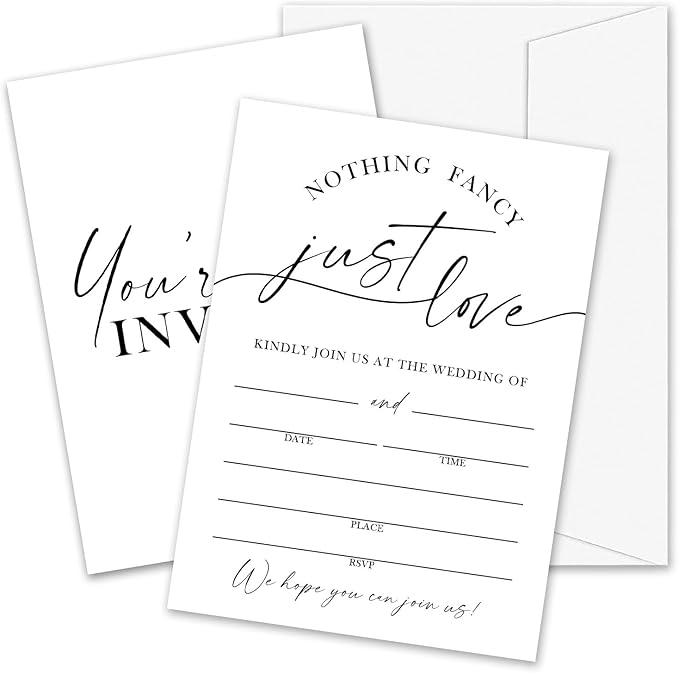 Minimalism White Wedding Invitations, 5"x 7" Nothing Fancy Just Love Wedding Invites Card With Envelopes, 25 PCS for Party Decorations and Supplies - A11