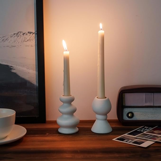 Taper Ceramic Candle Holders, Set of 2 Matte Boho Decorative Candlestick Holders,Table Decor Centerpiece for Home Decor Dinning Wedding Party Aromatherapy Votive (White, Style A)