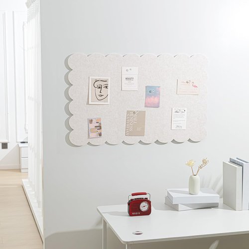 Mooliwe Scalloped Felt Bulletin Board - 36 x 18 Inches Foldable Beige Cork Board Alternative