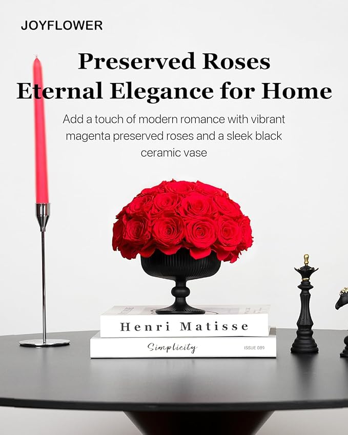 JoyFlower Preserved Flowers Vase Ceramic Decor, Red Eternal Flower Vases for Centerpieces, Forever Flower Decorations for Party Home Wedding Table Living Room Bedroom, Ceramic Flower Vase House Decor