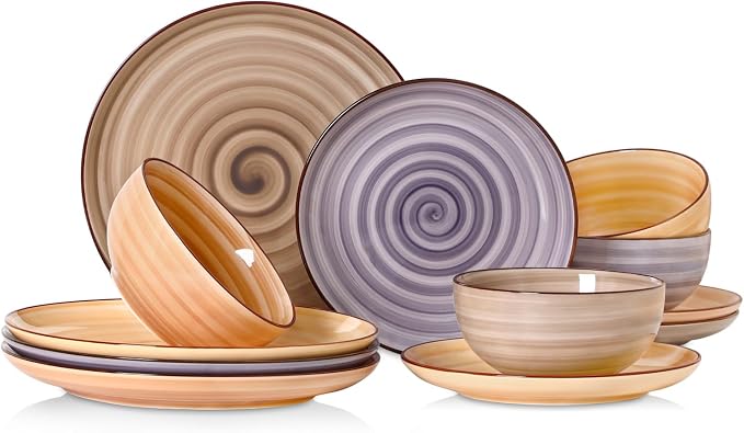 Selamica Ceramic Plates and Bowls Sets,12 Pieces Dinnerware Sets for 4,Scratch Resistant Dish Set,Dishwasher & Microwave Safe, Maillard