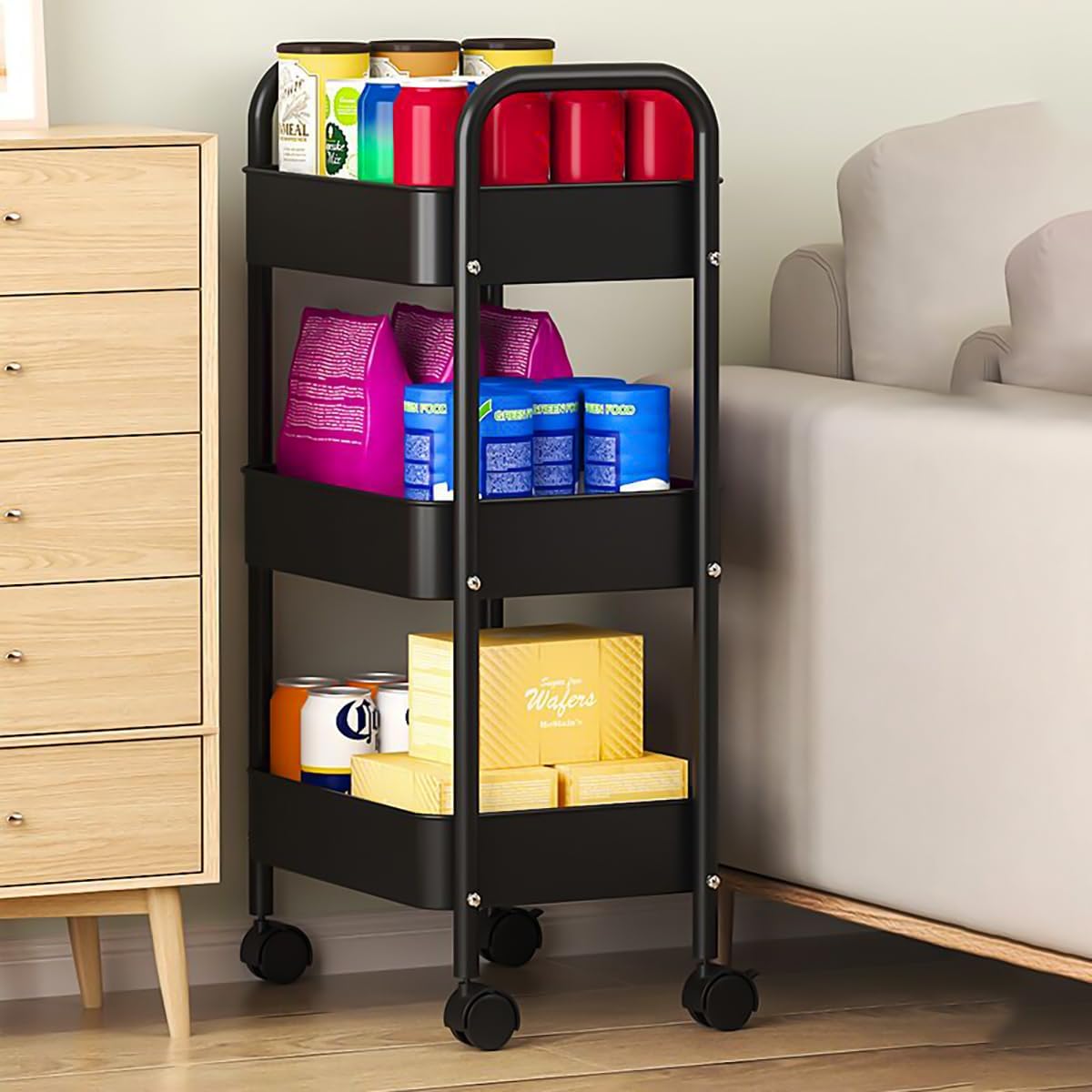 XIUSHE 3-Tier Rolling Metal Utility Cart - Sturdy Portable Organizer for Office, Kitchen, Bathroom | Black