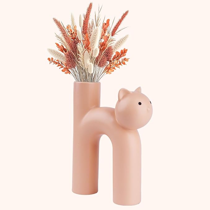 Pink Cat Lover Gift – Cute Animal Vase for Dried Flowers, Pampas Grass – Kawaii Boho Decor for Girls Room, Desk, or Shelf – Gift for Women, Girlfriend & Cat Moms