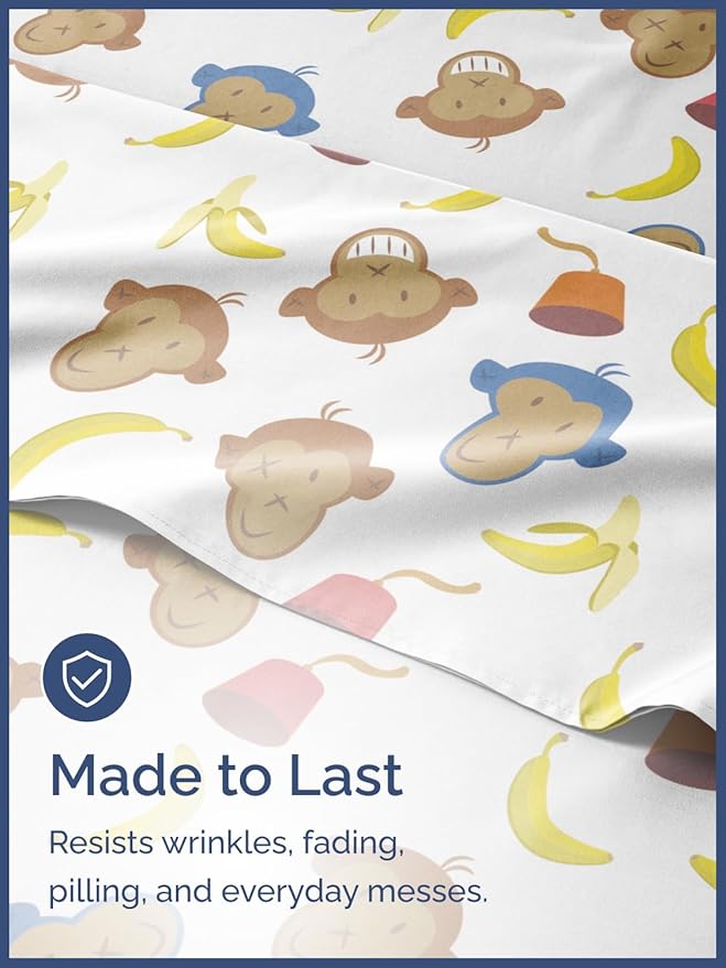 Kids Full Size Monkey Bed Sheets - 4 Piece Monkey Sheet Set - Cartoon Banana Bedding - Ultra-Soft, Cute & Cozy - Comfy, Breathable & Machine Washable - Animal Bed Set for Boys, Girls, Teens & Toddlers
