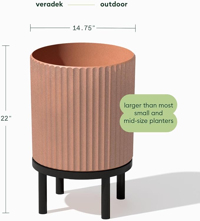 Veradek Demi Series Round Planter w/Stand for Porch/Patio | Durable Plastic-Stone Composite & Wooden Stand | Modern Décor for Tall Plants, Flowers