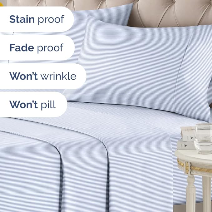 Light Blue and White Striped Sheets - 1 Flat & 1 Fitted Sheet & 2 Pillowcases w/ Deep Pockets - Wrinkle & Fade Resistant - Ultra-Soft, Breathable & Cooling - Luxury Pinstripe Bedding - Queen Size