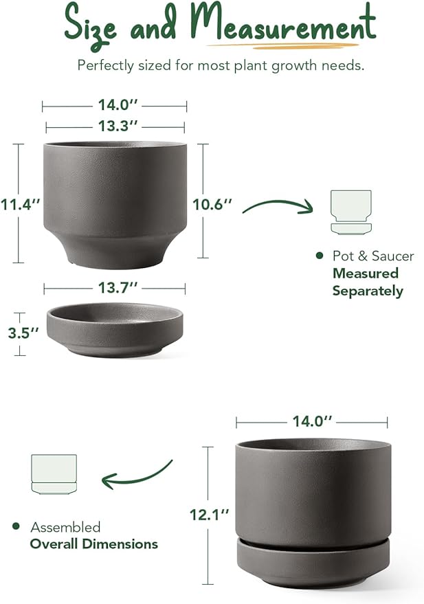 LE TAUCI 14 Inch Large Plant Pot with Saucer, Ceramic Outdoor & Indoor Big Planter with Drainage Hole, Mesh Pad & Plug Included, Unglazed Porous, Modern for Home and Patio, Charcoal Gray