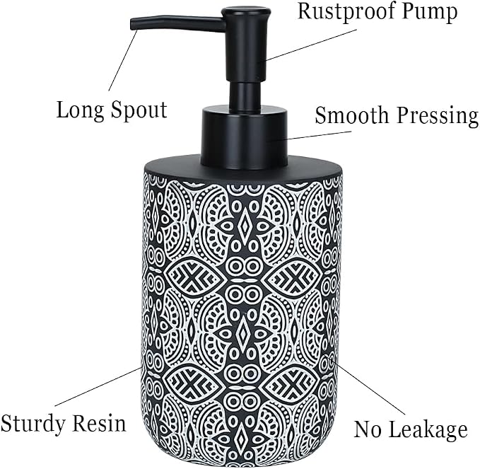 2pcs Hand Soap Dispenser Set, Boho Carving Resin Liquid Soap Dispensers for Bathroom Countertop, Heavy & Sturdy Dish Wash Soap Dispenser for Kitchen, Black