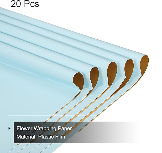MECCANIXITY 20 Pcs Double Sided Color Flower Wrapping Paper Light Blue+Gold 22.8"x22.8" Waterproof for Florist Bouquet Supplies, DIY Crafts, Gift Box Packaging