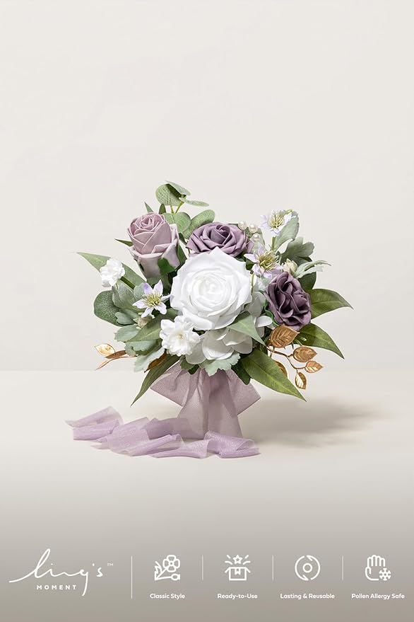 Ling's moment Purple Bridesmaid Bouquet, Wedding Bouquets for Bridesmaids, 7 Inch Bridal Bouquets for Bridesmaids, Wedding, Ceremony, Anniversary, etc.