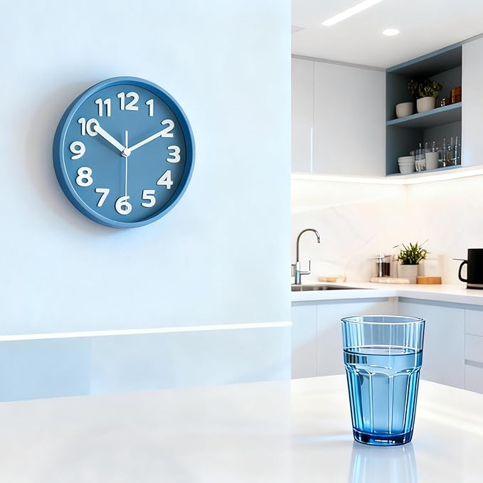 45MinST 8-Inch Blue Modern Wall Clock – Silent Non-Ticking, 3D Large Numbers, Accurate Timekeeping | Decorative Wall & Desk Clock with Stand for Living Room, Bedroom, Kitchen, or Office
