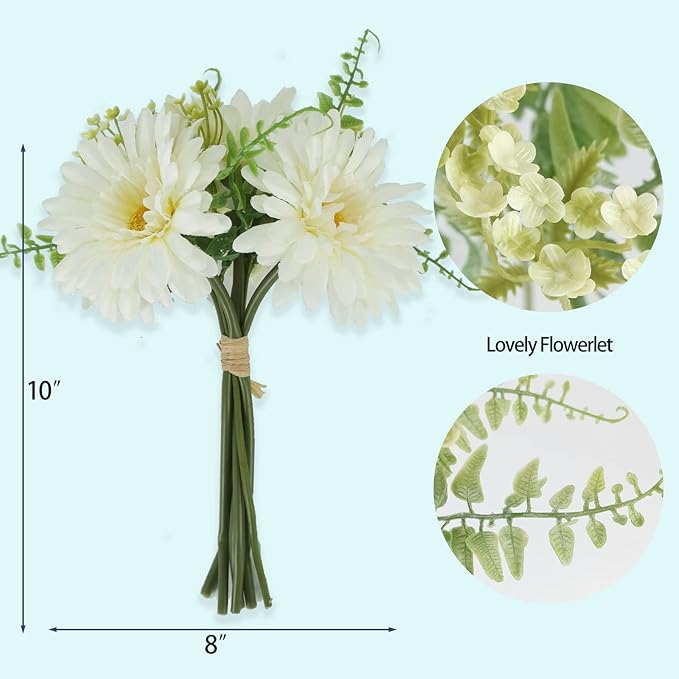 TOPIA Fake Flowers Artificial Daisies & Gerbera Bouquet Silk White 10 Stems Match with Wild Flowerets