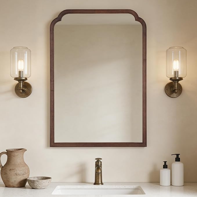 WallBeyond 28" x 40" Wood Bathroom Mirror for Wall Mounted, Rustic Rounded Corner Vanity Mirror for Entryway, Living Room or Bedroom Home Decorative [28" x 40" Walnut]