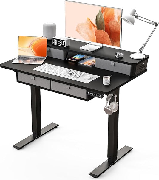 Electric Standing Desk with 4 Drawers 40''x 24'' Small Adjustable Height Sit to Stand Up Desk with Storage Shelf, C-Clamp Mount Compatible Black Home Office Desks Computer Desk Ergonomic Workstation