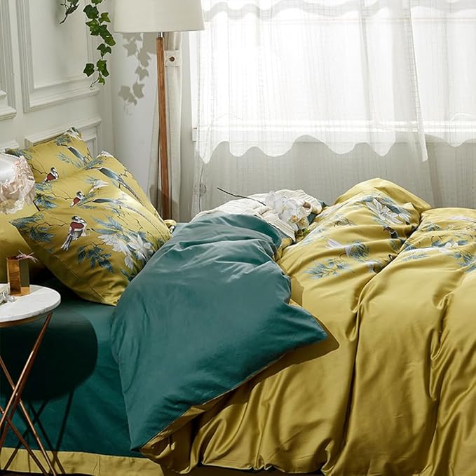 mixinni Duvet Cover California King Size Floral Bird Pattern Cotton Duvet Cover Set with Zipper Closure and Ties for Women and Men, Ultra Soft, Breathable, Easy Care-California King Size