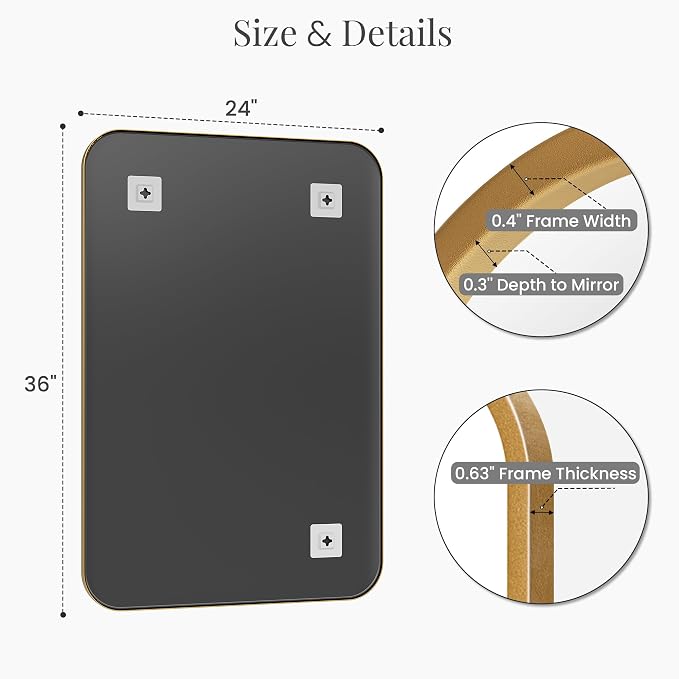 24x36 Inch Matte Gold Bathroom Vanity Mirrors | Flush Mount Deep Set Metal Wall Mirror for Over Sink | HD Shatterproof Glass, Rustproof | 1 Pack